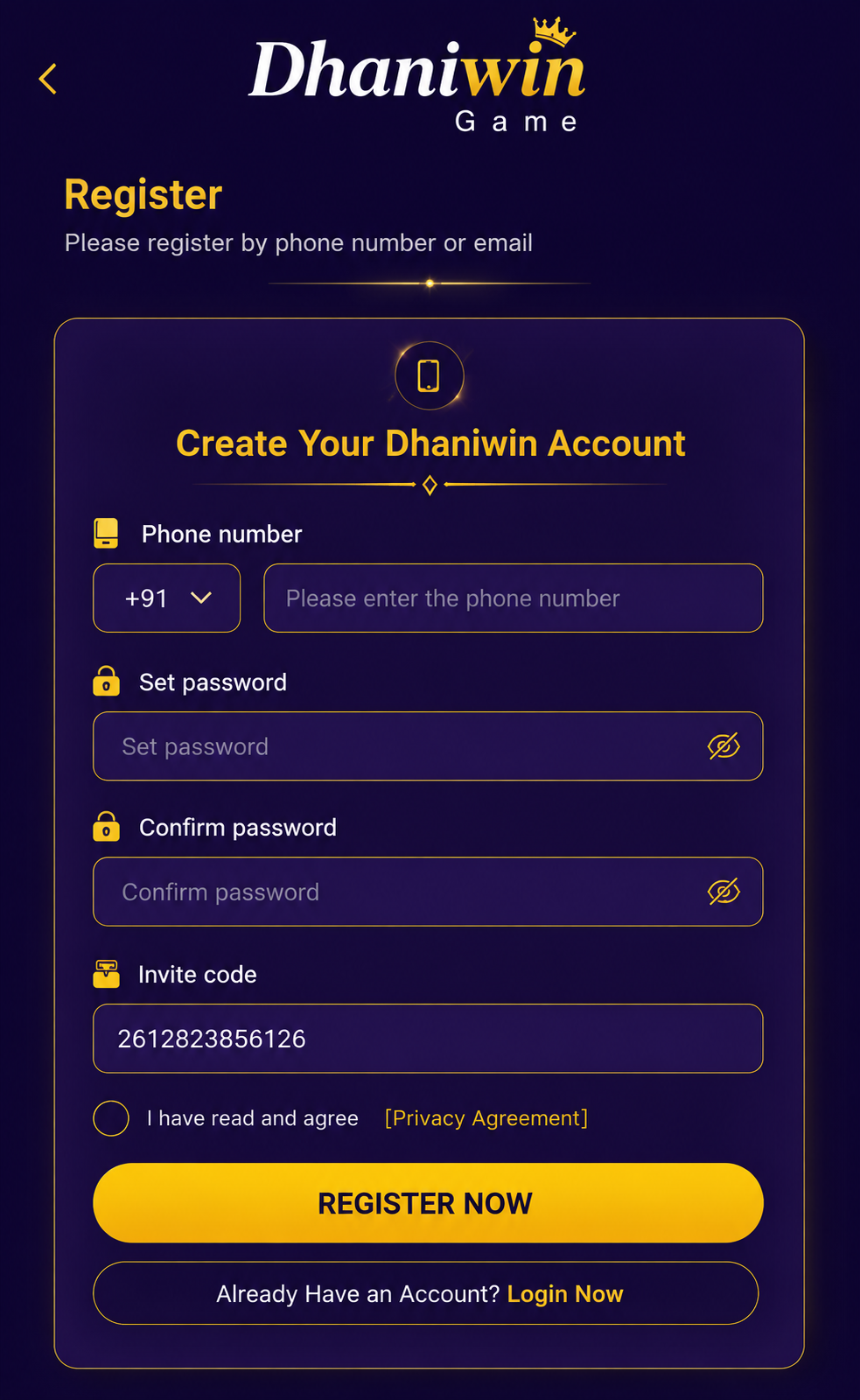 Register on the Dhaniwin