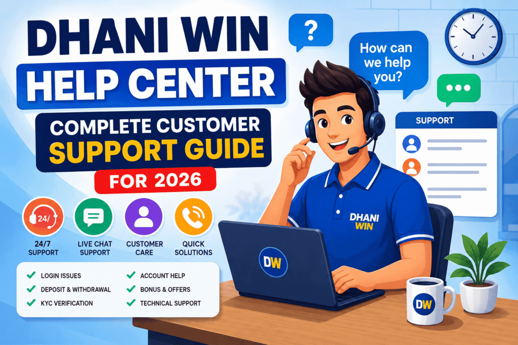 Dhani Win Help Center cartoon illustration showing customer support, live chat, and account assistance