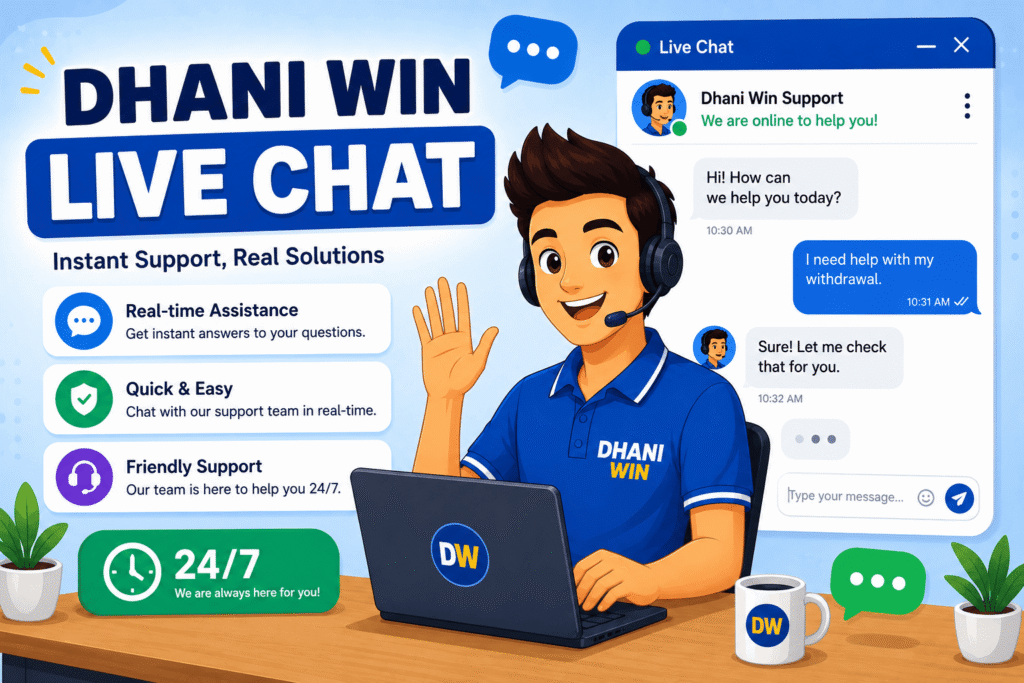 Dhani Win Live Chat cartoon illustration showing real-time customer support assistance