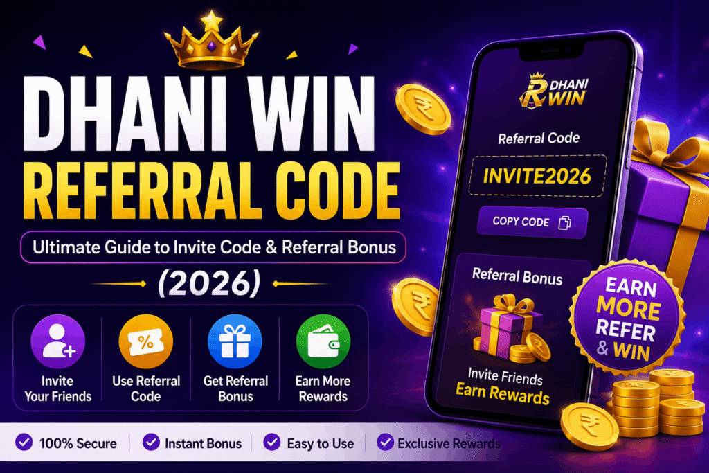 Cartoon illustration of Dhani Win Referral Code showing a smartphone with an invite code, referral bonus, gift box, coins, and the Dhani Win Invite Program.