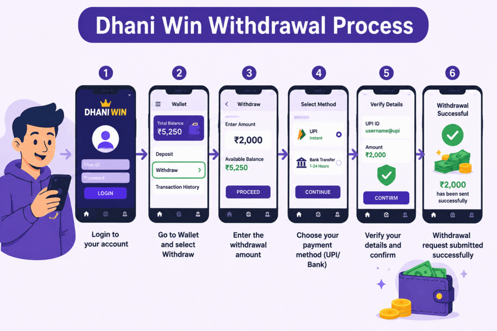 Dhani Win Withdrawal Process step-by-step cartoon illustration showing UPI and bank withdrawal